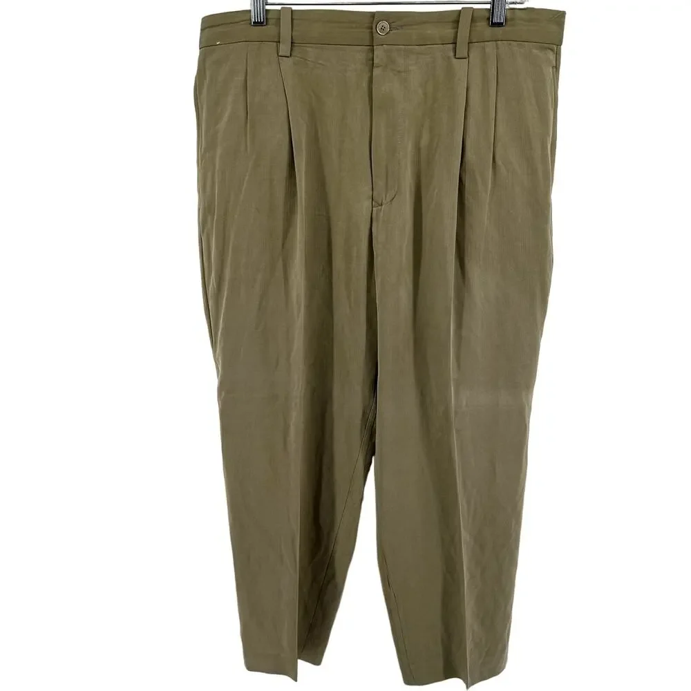 Tommy Bahama Silk Dress Pants Pleated Mid Rise Straight Leg Khaki 36x32